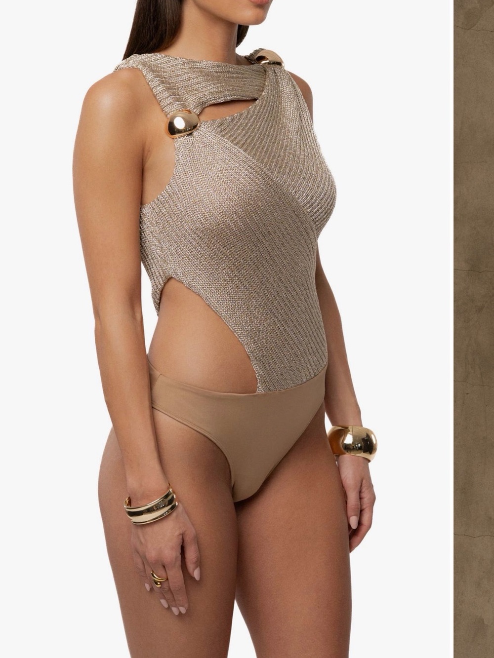 Metallic Beige One-Shoulder Bodysuit & Skirt Set
